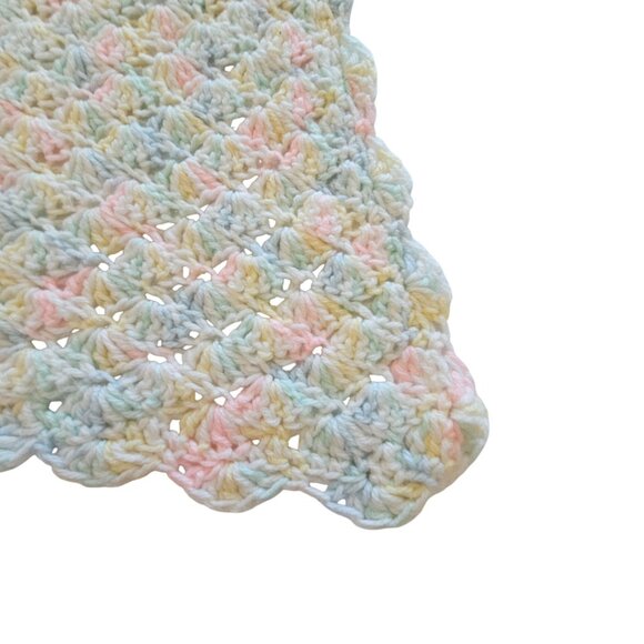 VTG Pastel Rainbow Colors Crochet/Knit Wool Square 30"x33" Baby Blanket Throw - Picture 6 of 13